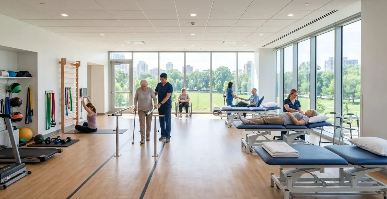 Wide-angle view of a contemporary physiotherapy rehabilitation room featuring parallel bars and treatment tables, flooded with natural daylight through large windows, showcasing a clean, bright clinical environment