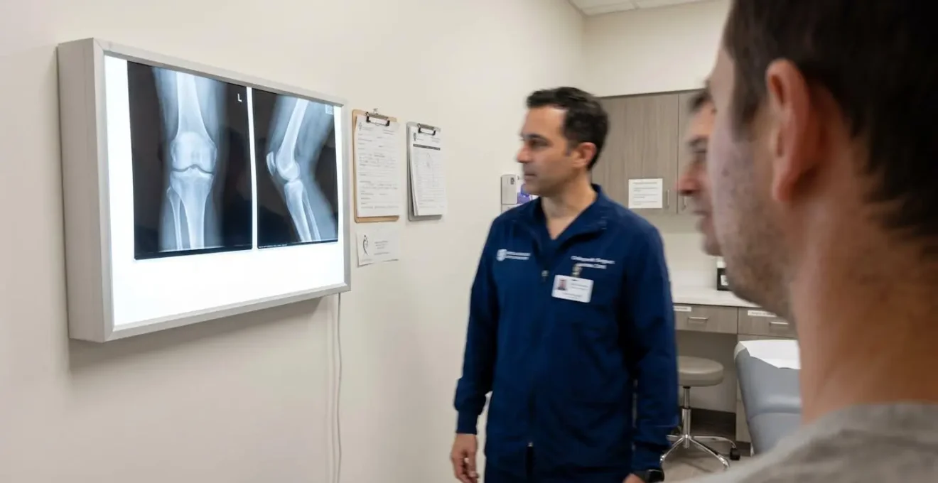 Over-the-shoulder view of an orthopedic consultation showing a knee X-ray displayed on a lightbox, with a surgeon and patient in blurred profile discussing the imaging results in a modern clinic