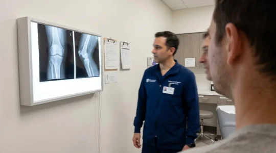 Over-the-shoulder view of an orthopedic consultation showing a knee X-ray displayed on a lightbox, with a surgeon and patient in blurred profile discussing the imaging results in a modern clinic