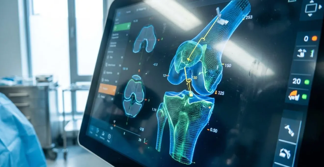 Extreme close-up of a robotic surgical system control interface displaying a 3D knee joint mapping on a high-resolution screen, with blurred medical equipment in the background