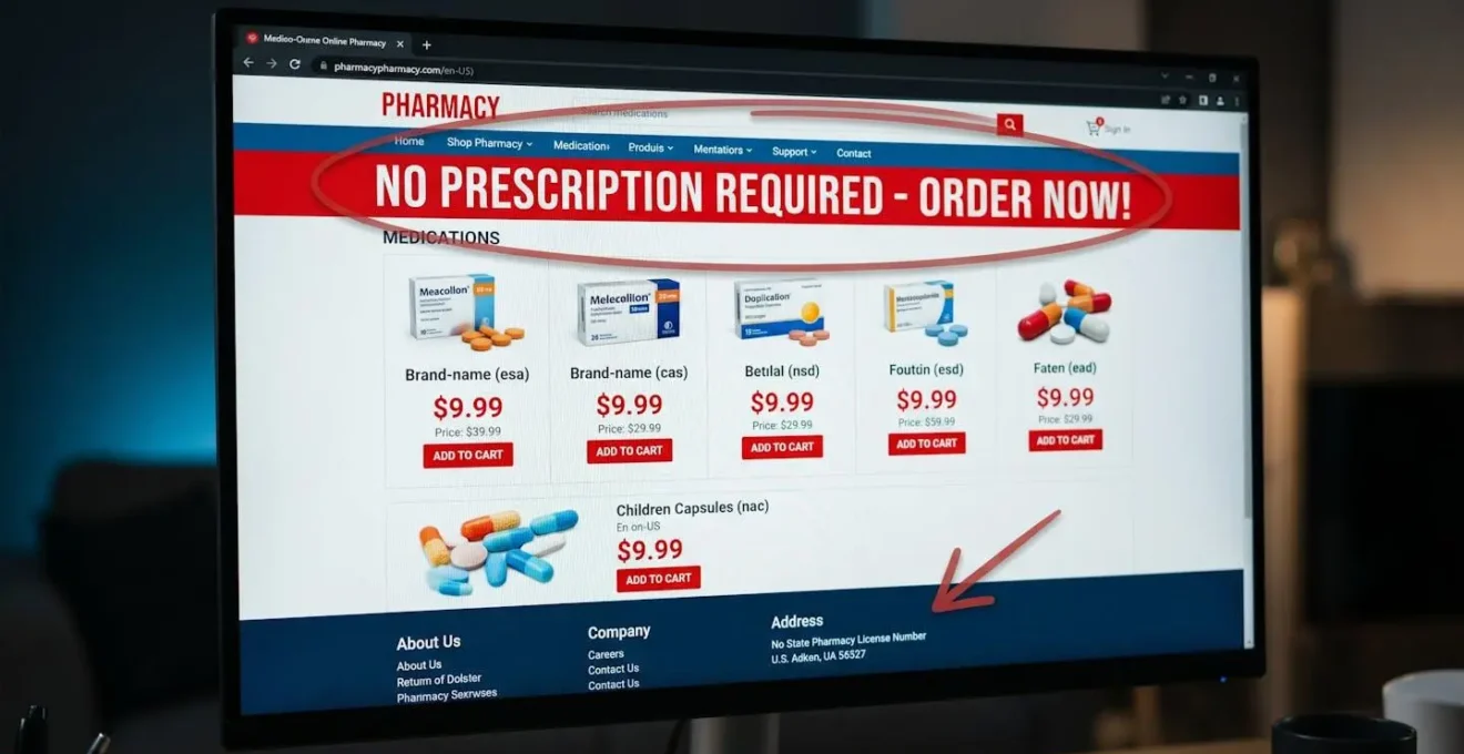 Computer screen showing fraudulent pharmacy website with red flag warning signs including no prescription required banner and unrealistic medication pricing
