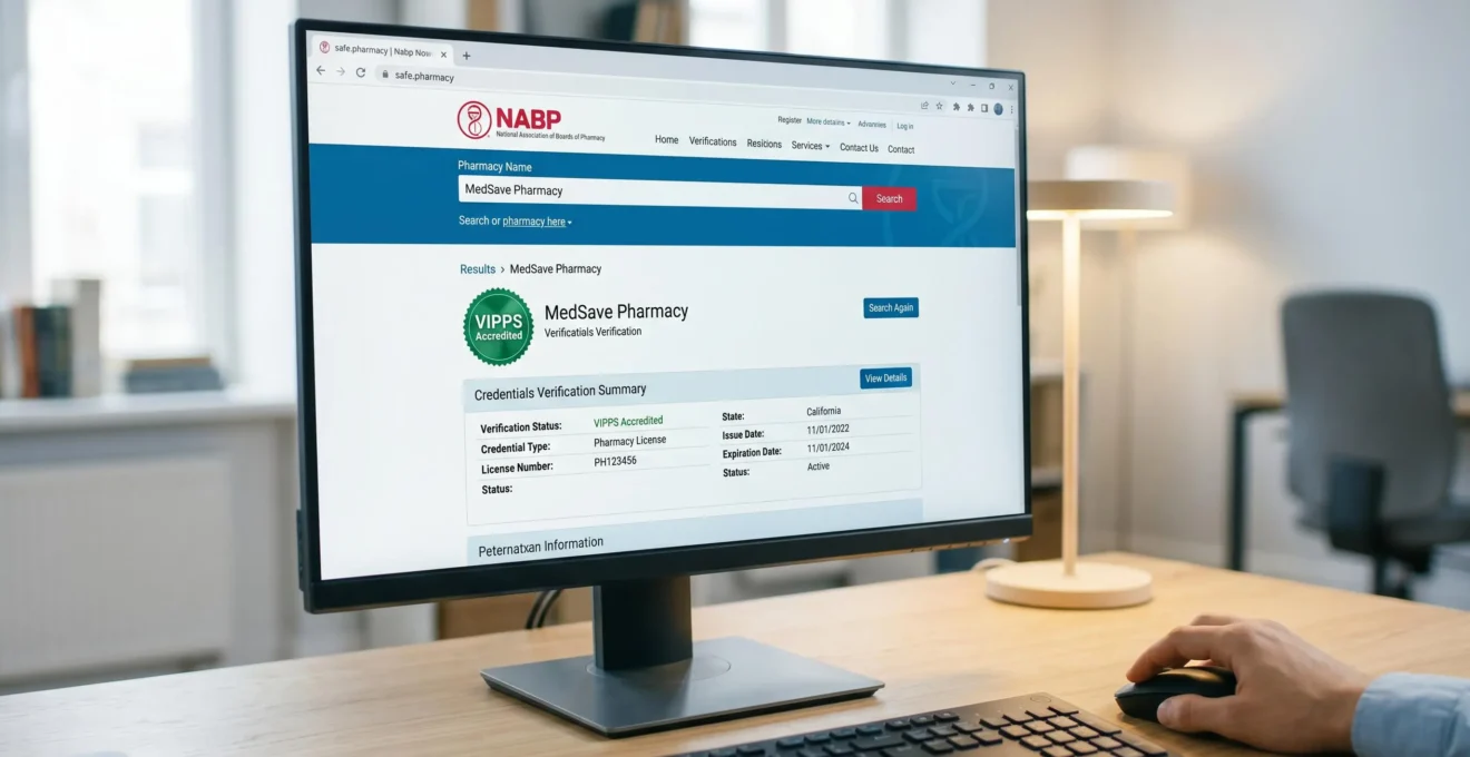 Computer screen displaying NABP pharmacy verification database with VIPPS accreditation search results and credential confirmation details