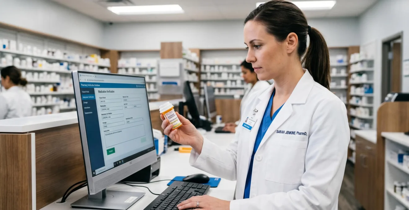 Pharmacist in white coat verifying prescription medication bottle against verification database on computer in modern pharmacy setting