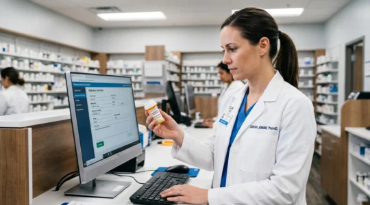 Pharmacist in white coat verifying prescription medication bottle against verification database on computer in modern pharmacy setting